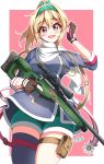  1girl :d belt blonde_hair blush bow breasts brown_gloves cowboy_shot eyebrows_visible_through_hair fingerless_gloves girls_frontline gloves green_bow grey_legwear gun hair_between_eyes hair_bow hand_up headband leg_strap looking_at_viewer medium_breasts open_mouth outline pink_background ponytail red_eyes rifle sayossa_(pak-front) scarf signature simple_background single_thighhigh smile sniper_rifle solo standing sv-98 sv-98_(girls_frontline) thigh-highs trigger_discipline weapon white_outline white_scarf 