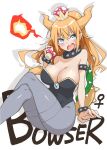  1girl bare_shoulders black_leotard blonde_hair blue_eyes blush bowsette bracelet breasts bright_pupils character_name cleavage collar commentary crown drop_shadow grey_legwear hair_between_eyes hayashi_(l8poushou) holding jewelry large_breasts legs_crossed leotard lizard_tail long_hair looking_at_viewer super_mario_bros. mushroom new_super_mario_bros._u_deluxe nintendo open_mouth pantyhose ponytail sharp_teeth sitting solo spiked_bracelet spiked_collar spiked_shell spiked_tail spikes super_crown tail teeth turtle_shell venus_symbol white_background 