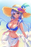  1girl azur_lane blue_eyes blush breasts cleavage eyebrows_visible_through_hair flower hair_flower hair_ornament hair_ribbon hat hat_feather hat_flower highres illustrious_(azur_lane) john_117 large_breasts long_hair open_mouth purple_hair ribbon smile solo straw_hat summer swimsuit 