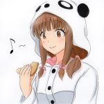  1girl animal_costume animal_ears azusagawa_kaede blush brown_eyes brown_hair eating hood hoodie marker_(medium) millipen_(medium) musical_note panda_costume potekite seishun_buta_yarou short_hair smile solo traditional_media white_background 