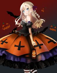  1girl abe_kanari alternate_costume bare_shoulders bat black_dress blonde_hair blue_eyes braid dress feet_out_of_frame gradient gradient_background halloween high_school_fleet lantern long_hair looking_at_viewer looking_back orange_skirt single_braid skirt solo standing striped striped_legwear wilhelmina_braunschweig_ingenohl_friedeburg 