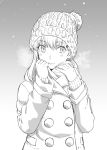  1girl alternate_costume blush breath buttons coat commentary_request eyebrows_visible_through_hair gradient gradient_background greyscale hair_between_eyes hair_ornament hairclip hat ishii_hisao kantai_collection long_hair long_sleeves monochrome scarf smile solo suzuya_(kantai_collection) 