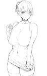  1girl bangs bare_shoulders blush breasts closed_mouth commentary_request covered_navel embarrassed greyscale hair_bun hand_up large_breasts looking_at_viewer monochrome naked_shirt obmas_(pfeito) original shirt simple_background skindentation solo standing thigh-highs white_background 