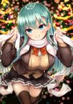  1girl akizuki_akina aqua_hair blue_eyes blush bow bowtie breasts brown_jacket brown_legwear brown_shirt brown_skirt christmas_ornaments christmas_tree frilled_skirt frills grin hair_ornament hairclip jacket kantai_collection large_breasts long_hair looking_at_viewer open_clothes open_jacket pleated_skirt red_neckwear remodel_(kantai_collection) scarf shiny shiny_hair shirt skirt smile solo suzuya_(kantai_collection) white_scarf white_shirt 