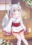  1girl amashiro_natsuki animal_ears aqua_eyes flower fox_ears fox_tail frilled_kimono frilled_sleeves frills japanese_clothes kimono long_hair long_sleeves original parted_lips pink_scarf sash scarf short_kimono silver_hair sitting sliding_doors snow snowing snowman tail thigh-highs wide_sleeves 