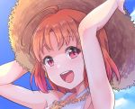  ahoge bare_arms frills hat kanabun looking_at_viewer love_live! love_live!_sunshine!! open_mouth orange_hair red_eyes short_hair sky smile sun_hat takami_chika 