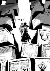  1girl absurdres bat black_hair coffin commentary_request glasses greyscale hat highres hitsugi_katsugi_no_kuro kiyuzuki_satoko kuro_(hitsugi_katsugi_no_kuro) long_hair monochrome necktie official_art pointy_ears round_eyewear 