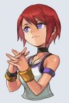  1girl black_choker blue_eyes choker cropped_torso fingers_together grey_background hankuri kairi_(kingdom_hearts) kingdom_hearts kingdom_hearts_i looking_to_the_side redhead short_hair smile wristband 