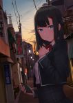 1girl absurdres blue_eyes cellphone desire/disaster evening hair_ornament hairclip highres huge_filesize lamppost looking_at_viewer medium_hair official_art phone power_lines school_uniform shopping_district sign standing twilight uniform upper_body 