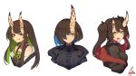  3girls :d :q bangs bare_shoulders black_jacket black_shirt blue_hair breasts brown_hair camisole closed_mouth collared_shirt cropped_torso fang frills from_side fur_trim green_eyes green_hair green_ribbon hair_ornament hairclip highres horn jacket lansane long_hair looking_at_viewer looking_to_the_side medium_breasts multicolored_hair multiple_girls off_shoulder oni_horns open_mouth original redhead ribbon shirt short_hair sidelocks signature simple_background sleeveless sleeveless_shirt smile tongue tongue_out twintails two-tone_hair white_background 
