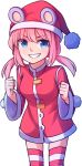  1girl blue_eyes clenched_hands coat eyebrows_visible_through_hair eyes_visible_through_hair grin hair_between_eyes hat highres long_hair long_sleeves looking_at_viewer low_twintails nieve_(rabi_ribi) pink_hair pom_pom_(clothes) rabi-ribi santa_costume santa_hat simple_background smile solo speckticuls striped striped_legwear teeth thigh-highs twintails v-shaped_eyebrows white_background wide_sleeves 
