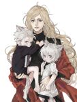  1girl aged_down animal_ears blonde_hair blue_eyes blush brown_eyes closed_mouth dante_(devil_may_cry) devil_may_cry_(series) dress eva_(devil_may_cry) family hair_slicked_back highres hj_0547 holding long_hair male_focus mother_and_son multiple_boys parent_and_child shorts siblings smile vergil_(devil_may_cry) white_background white_hair 