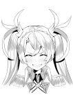  1girl bradamante_(fate/grand_order) braid closed_eyes epaulettes fate/grand_order fate_(series) french_braid grin hair_ribbon highres long_hair monochrome ribbon smile tanuki_(siutkm0228) twintails 