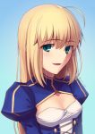  1girl absurdres ahoge alternate_hairstyle aqua_eyes artoria_pendragon_(all) blonde_hair blush boa_(brianoa) erect_nipples eyebrows_visible_through_hair fate/grand_order fate/stay_night fate_(series) highres looking_at_viewer parted_lips puffy_sleeves saber smile solo type-moon 