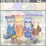  2koma 4girls absurdres animal_ears aqua_eyes backpack bag bangs bara_bara_(pop_pop) black_hair blonde_hair blush boots brown_eyes brown_hair buttons casual closed_mouth coat comic common_raccoon_(kemono_friends) contemporary day extra_ears ezo_red_fox_(kemono_friends) fennec_(kemono_friends) fingerless_gloves fox_ears fox_tail gloves grey_hair hair_between_eyes hand_in_pocket hand_on_another&#039;s_shoulder hand_up handheld_game_console hands_up highres holding holding_umbrella jacket kemono_friends long_sleeves looking_at_another looking_down multicolored_hair multiple_girls nose_blush open_mouth outdoors pantyhose plaid playing_games pocket pointy_ears raccoon_ears raccoon_tail scarf shoulder_bag silver_fox_(kemono_friends) sitting skirt smile snowing striped_tail tail two-tone_hair umbrella under_umbrella walking yellow_eyes 