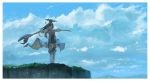  1girl :d black_hair blue_sky boots cliff closed_eyes day dragon floating_hair grass holding knee_boots long_hair negative_space open_mouth original outdoors outstretched_arms reido_(reido_c) scenery sky smile solo spread_arms standing waist_cape white_footwear 