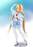  1girl arm_up blonde_hair blue_bow blue_footwear blue_legwear blue_shirt blue_skirt bow eyebrows_visible_through_hair eyes_visible_through_hair full_body hair_bow hair_over_one_eye idol long_hair looking_at_viewer low_twintails microphone multicolored_hair music navel nikaidou_saki numahana off-shoulder_shirt open_mouth pantyhose puffy_short_sleeves puffy_sleeves red_eyes shirt short_sleeves singing skirt skirt_set solo standing streaked_hair twintails twitter_username very_long_hair yellow_neckwear zombie_land_saga 