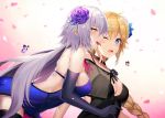  2girls :o black_dress black_legwear blonde_hair blue_dress blue_eyes blue_flower blush braid breasts bug butterfly cleavage commentary_request dress elbow_gloves face_licking fate/grand_order fate_(series) flower gloves hair_flower hair_ornament hand_on_another&#039;s_shoulder insect jeanne_d&#039;arc_(alter)_(fate) jeanne_d&#039;arc_(fate) jeanne_d&#039;arc_(fate)_(all) jewelry l.bou large_breasts licking long_braid long_hair multiple_girls necklace one_eye_closed petals purple_flower purple_gloves silver_hair single_braid surprised thigh-highs traditional_media very_long_hair watercolor_(medium) yellow_eyes yuri 
