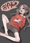  1girl absurdres barefoot bike_shorts brown_eyes brown_hair grey_background highres long_hair long_sleeves looking_at_viewer lying on_back on_floor open_mouth original red_sweater simple_background sketch solo spread_legs sweater translated twintails yamamoto_souichirou 