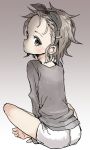  1girl barefoot closed_mouth commentary_request from_behind gradient gradient_background grey_background grey_eyes grey_hair grey_shirt highres long_sleeves looking_at_viewer looking_back original shirt short_hair shorts sitting solo white_shorts yamamoto_souichirou 