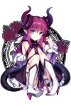 1girl black_dress blue_eyes boots bow commentary_request curled_horns detached_sleeves dragon_girl dragon_horns dragon_tail dress elizabeth_bathory_(fate) elizabeth_bathory_(fate)_(all) eyebrows_visible_through_hair fate/extra fate/extra_ccc fate_(series) floating_hair flower frills hair_bow high_heel_boots high_heels highres horns knee_boots long_hair pink_hair pointy_ears purple_bow rose sitting smile solo tail two_side_up white_footwear yan_(nicknikg) 