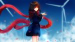  1girl black_hair black_skirt black_sweater blue_sky blurry blurry_background from_side hair_ornament hairclip highres holding kagerou_project long_hair long_sleeves looking_at_viewer miniskirt petals pleated_skirt qwerggthankyou red_eyes red_scarf scarf shiny shiny_hair signature skirt sky smile solo standing sweater tateyama_ayano wind_turbine windmill 