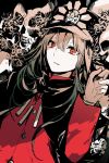  1girl black_cape brown_hair cape commentary_request fate_(series) flower gloves hair_between_eyes hand_up hat jacket koha-ace long_hair long_sleeves looking_at_viewer oda_nobunaga_(fate) parted_lips peaked_cap red_eyes red_jacket rioka_(southern_blue_sky) skull solo spider_lily 