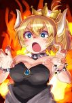  1girl bangs black_leotard blonde_hair blue_eyes bowsette bracelet breasts bright_pupils claw_pose cleavage collar commentary_request crown eyebrows_visible_through_hair fang fiery_background fingernails fire hair_between_eyes hands_up highres horns jewelry leotard looking_at_viewer super_mario_bros. medium_breasts new_super_mario_bros._u_deluxe nintendo open_mouth ouhashi_(yumenosukima) ponytail solo spiked_bracelet spiked_collar spikes super_crown thick_eyebrows upper_body v-shaped_eyebrows 