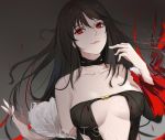  1girl bangs bare_shoulders black_dress breasts brown_hair center_opening choker cleavage collarbone consort_yu_(fate) dress earrings fate/grand_order fate_(series) fur_trim highres jacket jewelry long_hair looking_at_viewer medium_breasts parted_lips pink_lips red_eyes smile solo strapless strapless_dress user_mndk2434 