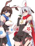  2girls ahoge aircraft airplane anchor_symbol animal_ears azur_lane bandanna black_gloves blue_eyes blue_scarf braid braided_ponytail breasts brown_hair cherry_blossom_print chikuma_(azur_lane) commentary_request cowboy_shot detached_sleeves fingerless_gloves gloves hand_on_own_arm highres holding holding_weapon large_breasts long_hair marshall2033 multiple_girls pleated_skirt rabbit_ears red_eyes red_scarf scarf seaplane short_hair silver_hair skirt small_breasts tone_(azur_lane) weapon white_background 
