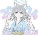  1girl 2024 animal_ear_fluff animal_ears blue_archive blue_eyes blue_halo blue_kimono blush commentary double_v english_commentary grey_hair grin halo highres japanese_clothes kimono long_sleeves looking_at_viewer masabodo medium_hair mismatched_pupils obi sash shiroko_(blue_archive) simple_background smile solo upper_body v white_background wide_sleeves wolf_ears 