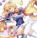  1girl ;d ahoge ass azur_lane bangs blonde_hair blouse blue_gloves blush braid breasts candy capelet corset doughnut food garter_straps gloves green_eyes holding holding_plate large_breasts le_temeraire_(azur_lane) leg_up long_hair looking_at_viewer macaron one_eye_closed open_mouth plate pudding red_ribbon ribbon riichu sidelocks skirt smile solo star thigh-highs twin_braids twintails underbust very_long_hair white_legwear 