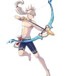  1boy arrow bow_(weapon) fire_emblem fire_emblem_heroes fire_emblem_if full_body fuujin_yumi grey_hair highres long_hair male_focus nintendo official_art open_mouth ponytail simple_background smile solo swimsuit takumi_(fire_emblem_if) tobi_(kotetsu) weapon yumi_(bow) 