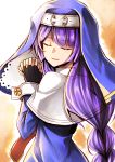 1girl absurdres black_gloves braid capelet clarissa_(epic7) closed_eyes epic7 facing_viewer fingerless_gloves gloves habit hands_together highres karadborg long_hair long_sleeves praying purple_hair red_neckwear simple_background smile solo standing very_long_hair wrist_cuffs 