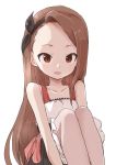  1girl :d absurdres bare_shoulders black_bow black_skirt bow brown_eyes brown_hair commentary_request copyright_request forehead hair_bow hairband highres looking_at_viewer open_mouth simple_background sitting skirt smile solo white_background yamamoto_souichirou 
