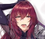  1girl :d bangs blush bodysuit brown_bodysuit commentary_request crossed_bangs fate/grand_order fate_(series) hair_between_eyes hair_intakes heart heart-shaped_pupils korean_commentary long_hair looking_at_viewer lying on_back open_mouth red_eyes redhead saliva scathach_(fate)_(all) scathach_(fate/grand_order) single_pauldron smile solo symbol-shaped_pupils tuxedo_de_cat upper_body 