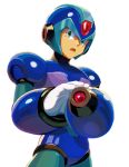  1boy android arm_cannon commentary_request gloves green_eyes helmet looking_at_viewer male_focus open_mouth rockman rockman_x simple_background solo user_fuyz3388 weapon white_background white_gloves x_(rockman) 