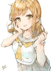  1girl :d bangs blonde_hair collarbone commentary_request eyebrows_visible_through_hair eyelashes fork grey_sailor_collar grey_skirt hand_on_own_cheek hands_up highres holding holding_fork kunikida_hanamaru long_hair looking_at_viewer love_live! love_live!_sunshine!! miniskirt necktie open_mouth pleated_skirt sailor_collar school_uniform shirt short_sleeves sidelocks signature simple_background skirt smile solo takenoko_no_you upper_body white_background white_shirt yellow_eyes yellow_neckwear 