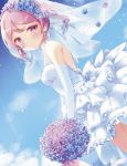  1girl alternate_costume alternate_hairstyle blue_sky bouquet bridal_veil clouds commentary_request day dress drill_hair dutch_angle elbow_gloves flower gloves head_wreath highres kantai_collection kida_mochi looking_at_viewer outdoors pink_eyes pink_hair sazanami_(kantai_collection) short_hair sky solo twintails veil wedding_dress white_dress white_gloves 