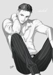  1boy amg_(nwmnmllf) artist_name character_name collared_shirt greyscale hand_behind_head male_focus monochrome otabek_altin pants shirt sitting striped striped_pants yuri!!!_on_ice 