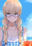  1girl alternate_hairstyle blonde_hair blue-framed_eyewear blue_bow blue_dress blue_sky bow braid casual closed_mouth clouds cloudy_sky commentary_request cup dress drinking_glass eyebrows_visible_through_hair frilled_dress frills hair_bow hair_over_shoulder highres ice light_smile lips perrine_h_clostermann plaid plaid_dress semi-rimless_eyewear sky sleeveless sleeveless_dress solo strike_witches twin_braids under-rim_eyewear world_witches_series yellow_eyes 