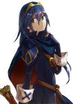  1girl blue_eyes blue_hair cape falchion_(fire_emblem) fingerless_gloves fire_emblem fire_emblem:_kakusei gloves highres long_hair looking_at_viewer lucina niinarumi nintendo simple_background smile solo tiara weapon white_background 