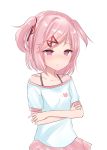  1girl absurdres bangs closed_mouth collarbone commentary crossed_arms doki_doki_literature_club eyebrows_visible_through_hair fang fang_out hair_ribbon highres natsu_(sinker8c) natsuki_(doki_doki_literature_club) off-shoulder_shirt pink_hair pink_skirt red_ribbon ribbon shirt shirt_straps short_sleeves simple_background skirt solo symbol_commentary two_side_up violet_eyes white_background white_shirt 