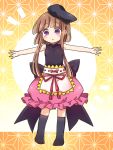  1girl :&lt; adapted_costume apron asa_no_ha_(pattern) bangs bare_arms black_hat black_legwear black_shirt blunt_bangs blush brown_hair eyebrows_visible_through_hair full_body gradient gradient_background hat nishida_satono no_shoes orange_background outstretched_arms pink_skirt pote_(ptkan) red_ribbon ribbon shirt short_hair_with_long_locks sidelocks skirt sleeveless socks solo spread_arms standing touhou violet_eyes waist_apron yellow_background 