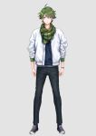  1boy ahoge arms_at_side black_pants blue_eyes full_body green_hair green_scarf grey_background jacket jewelry looking_at_viewer official_art pants scarf sekisue shoes simple_background single_earring sneakers solo standing tachi-e white_jacket wristband 