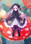  1girl black_footwear black_gloves boots character_request copyright_request dress frills gloves highres lavender_hair long_hair long_sleeves looking_at_viewer mushroom ribbon sitting smile solo violet_eyes yuura 
