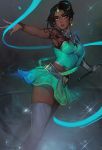 1girl absurdres aqua_nails armpits artist_name bare_shoulders black_hair commentary dark_skin earrings gloves green_skirt hair_bun highres jewelry looking_away matilda_vin nail_polish outstretched_arm overwatch parted_lips short_hair single_glove skirt solo sparkle symmetra_(overwatch) tattoo thigh-highs wand white_gloves white_legwear yellow_eyes 