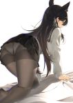  1girl all_fours ass atago_(azur_lane) azur_lane bed_sheet black_hair black_legwear black_skirt crotch_seam from_behind hair_ribbon jpeg_artifacts jun_project long_hair long_sleeves miniskirt mole mole_under_eye no_shoes panties panties_under_pantyhose pantyhose pleated_skirt profile ribbon sailor_collar school_uniform serafuku simple_background skirt solo thighband_pantyhose underwear white_background white_ribbon yellow_eyes 