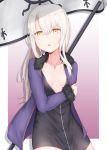  1girl anchor_necklace banner black_dress breasts cleavage collarbone cosplay cowboy_shot dress fate_(series) fur-trimmed_jacket fur_trim highres illyasviel_von_einzbern jacket jeanne_d&#039;arc_(alter)_(fate) jeanne_d&#039;arc_(alter)_(fate)_(cosplay) jeanne_d&#039;arc_(fate)_(all) jewelry long_hair looking_at_viewer necklace open_clothes open_jacket open_mouth purple_jacket seven_d3t short_dress silver_hair small_breasts solo very_long_hair yellow_eyes 