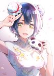  1girl :d bangs breasts bun_cover china_dress chinese_clothes commentary_request copyright_request double_bun dress grey_dress hand_up highres hoshizaki_reita looking_at_viewer medium_breasts open_mouth panda purple_hair salute short_hair signature smile solo upper_body yellow_eyes 